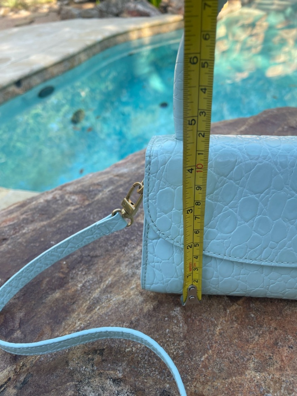 BY FAR Light Blue Croc-Embossed Mini Top-Handle Bag with Crossbody Strap (CdlG) - Picture 7 of 12
